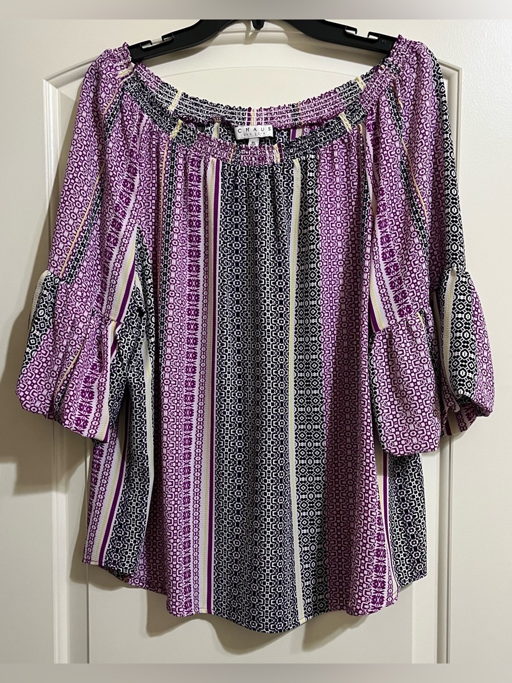 NWT Chaus Purple Black White Mosaic Tile Off-Shoulder Blouse XL Bell Sleeves